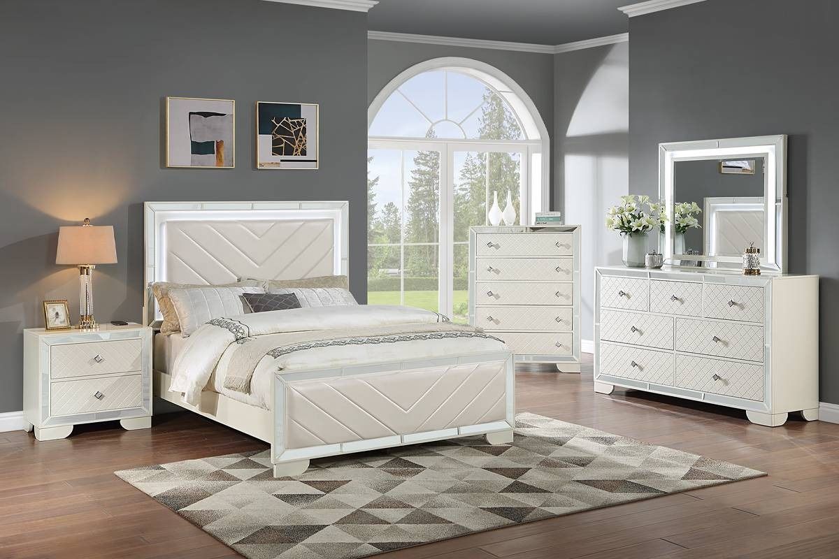 New❕ 5pcs Queen Bedroom Set Cream Color (Bed + Night Stand + Dresser + Mirror + Chest) (Mattress is not Included)
