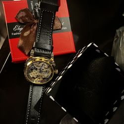 Men’s Skeleton Mechanical Watch – Gold Case, Black Leather Strap – Brand New in Gift Box