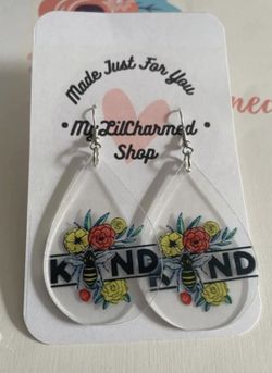 Handmade Floral clear Bee Kind Teardrop Earrings NEW