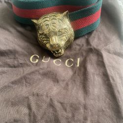 GUCCI Green Red Gold Stripe Fabric Brass Feline Head Belt