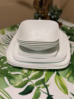 White Square Dinnerware Set with Embossed Detail