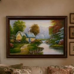 English cottage oil painting large framed vintage