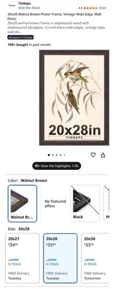 20x28 walnut brown poster frame