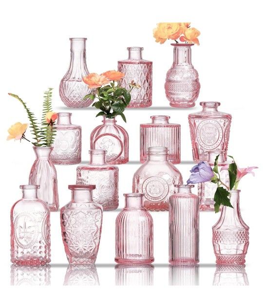 Glass Bud Vases Set of 16 - Pink Assorted Small Mini Glass Vases for Flowers, Crystal Vintage Vase Set, Bulk Centerpieces for Table Décor, Wedding, Ho