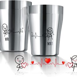 MR & MRS Stainless Steel Cup Set for Bride, Groom, Anniversary, Engagement, Married (16 oz.) (NEW)