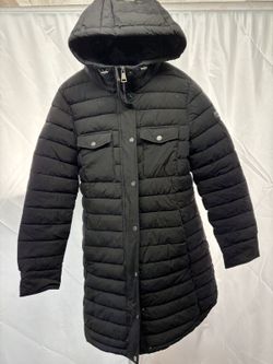 DKNY Long Puffer Jacket Women Size M Black Hooded Quilted Winter Coat R12