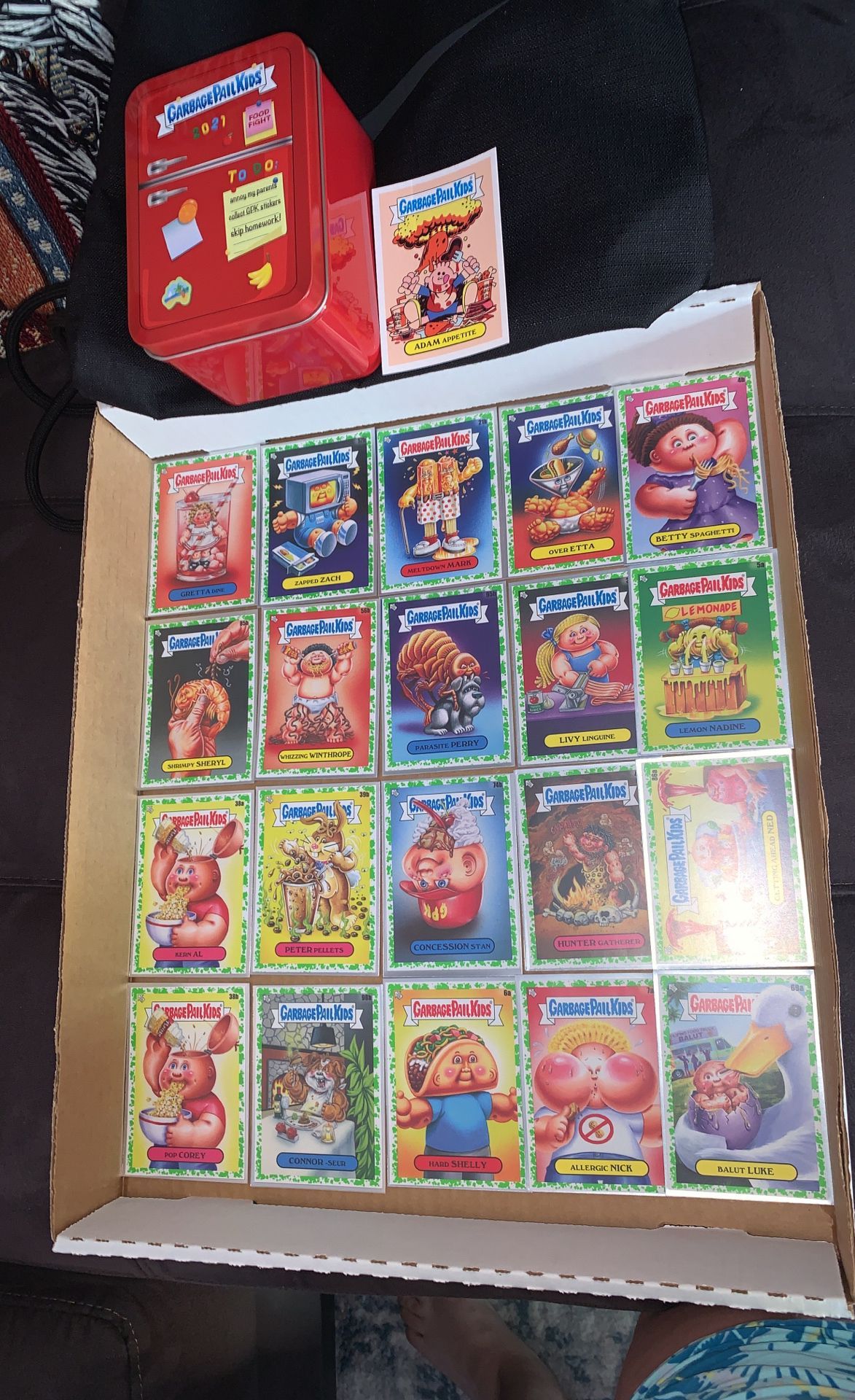 Garbage Pail Kids Food Fight Green Parallel Cards Lot Of 20 Plus Adam Appetite Card And Empty Red Mini Fridge