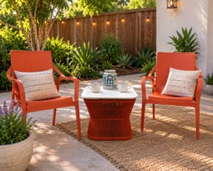 3-Piece Outdoor Patio Conversation Set – 2 Modern Orange Lounge Chairs & Marble-Look Coffee Table | Weather Resistant