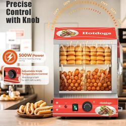 Hot Dog Steamer 28.5QT, FOHERE 2-Tier Hot Dog Machine with Bun Warmer, 175 Hot Dogs & 40 Buns Capacity, Electric Hot Dog Bun Warmer with Visible Glass