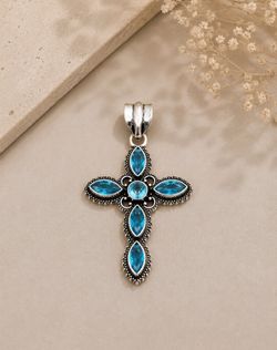 Dainty Blue Topaz Gemstone Silver Cross 2” Pendant