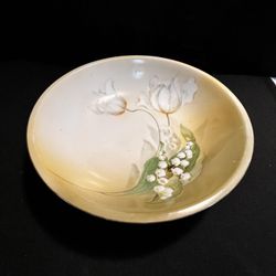 Early 1900S RS Germany 9-1/4” Green With White Floral And Gold Rim, Antique Hand Painted Bowl