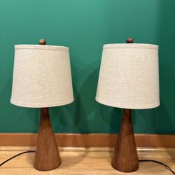 Pair of Wooden Lamps with Cream Shades