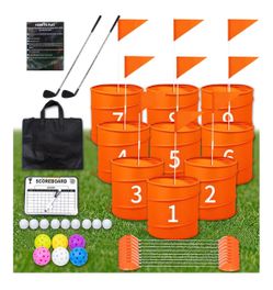 Orange golf set with 9 pop-up holes, 9 flag sticks, 18 tee boxes, 9 connecting ropes, 2 golf clubs, 9 golf balls, 6 game balls, 1 portable carrying ba