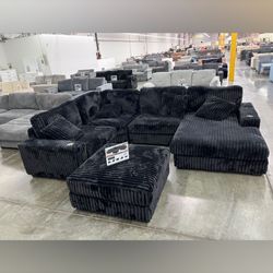 Black Corduroy Sectional Sofa with Ottoman