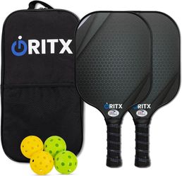 NEW 2 Lightweight Pickleball Rackets w/Fiberglass Surface & 5-Inch Non-Slip Handle, 4 Balls, 1 Carry Bag