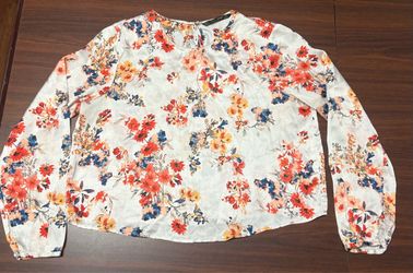 Zara Basic Floral Satin Long Sleeve Keyhole Blouse Size L