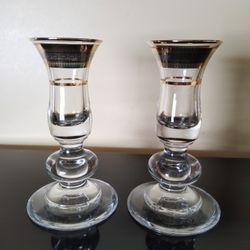 Crystal Clear Glassware Legacy Tapered Candle Holders Gold Tone Platinum 