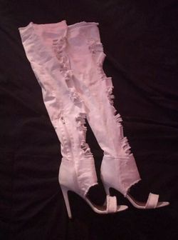 White denim thigh high heel boots