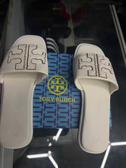 Tory Burch White Leather Slide Sandals