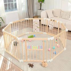 Foldable Wooden Baby Playpen, Activity Center, Adjustable Size and Shape, Portable Play Yard, Baby Play Area with Fence and Gate for Indoor Use 8-Pane