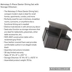 Mainstays 5 Piece Dexter Dining Set with Storage Ottoman for Sale