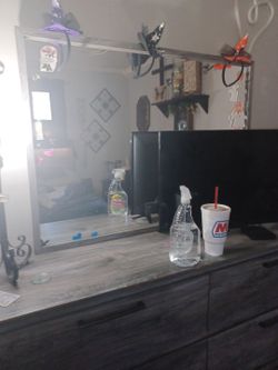 Gray Wood Dresser with Mirror