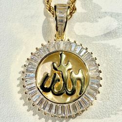 Italy 925 Sterling Silver Custom ALLAH 14K Gold 5X Layered Iced Pendant, Stainless Steel Rope Chain 16”-24” Inches Set