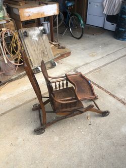 Antique Oak Folding Up and Down High Chair and or Stroller all in one