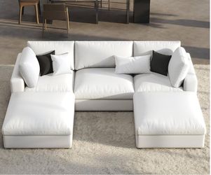 114” Down Filled Sectional, 5 Seats, U Shaped Cloud Couch Sofa W/ Chaise, Ottoman White linen