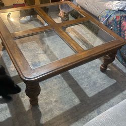 Square Medium Wood Tone Coffee Table, 4 pc. Glass Top, Twisted  Legs