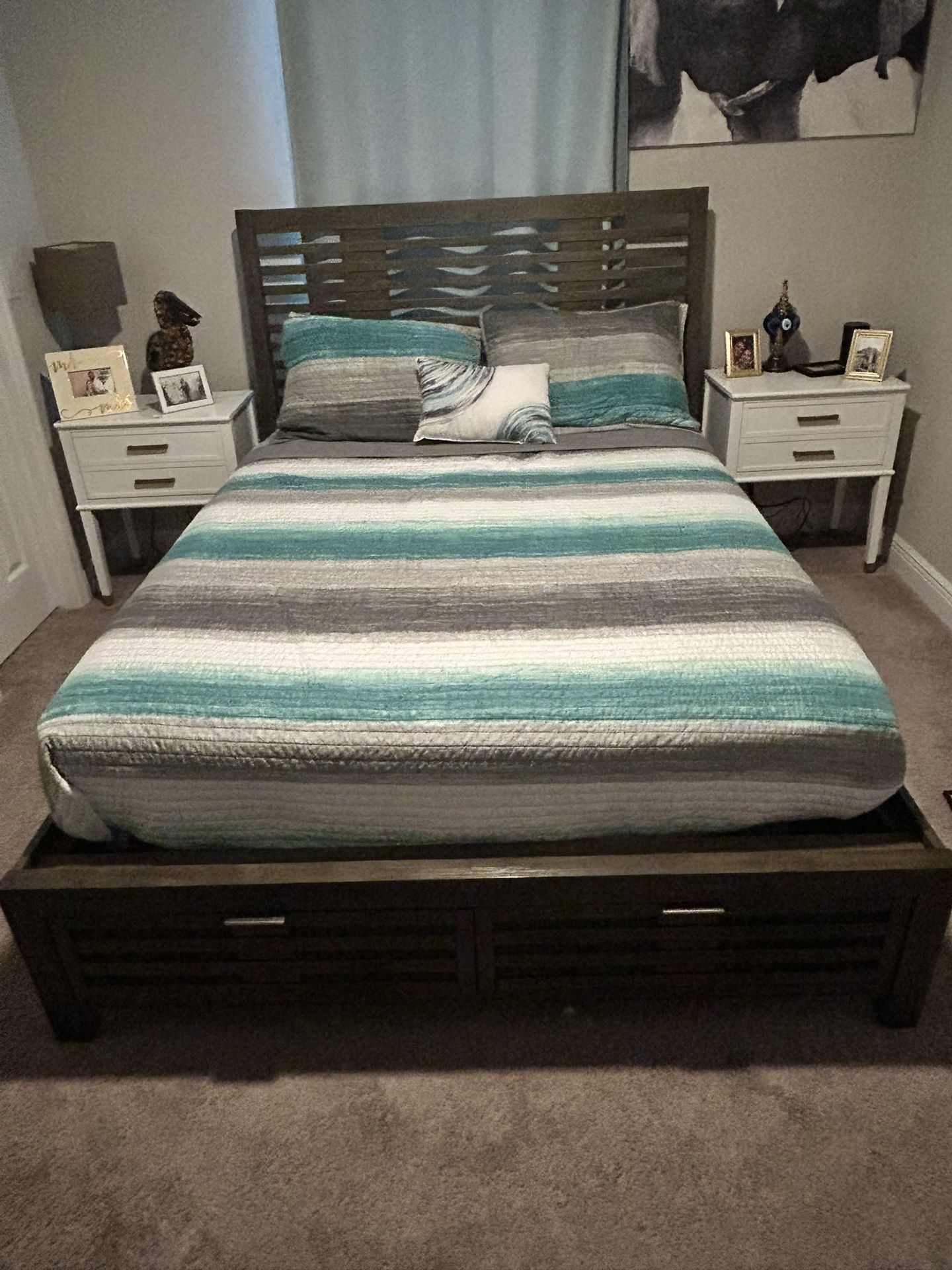 Queen Bed With Frame, Mattress, Bedding, Pillows
