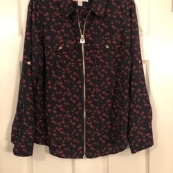 Michael Kors Point Collar Roll-Tab Long Sleeve Zip Front Top