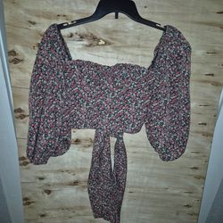 Et Clet Pink Crop Top Black,White Floral Tie Back Size M