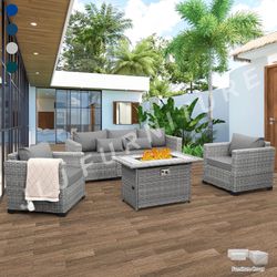NEW🔥Outdoor Patio Furniture HDPE Grey WICKER Grey 4" Non Slip Cushions and 42" Firepit ASSEMBLED