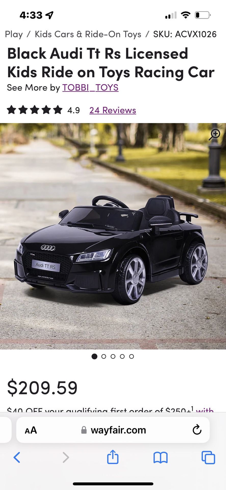 Audi Kids Trax TT 6 Volt Car! Black