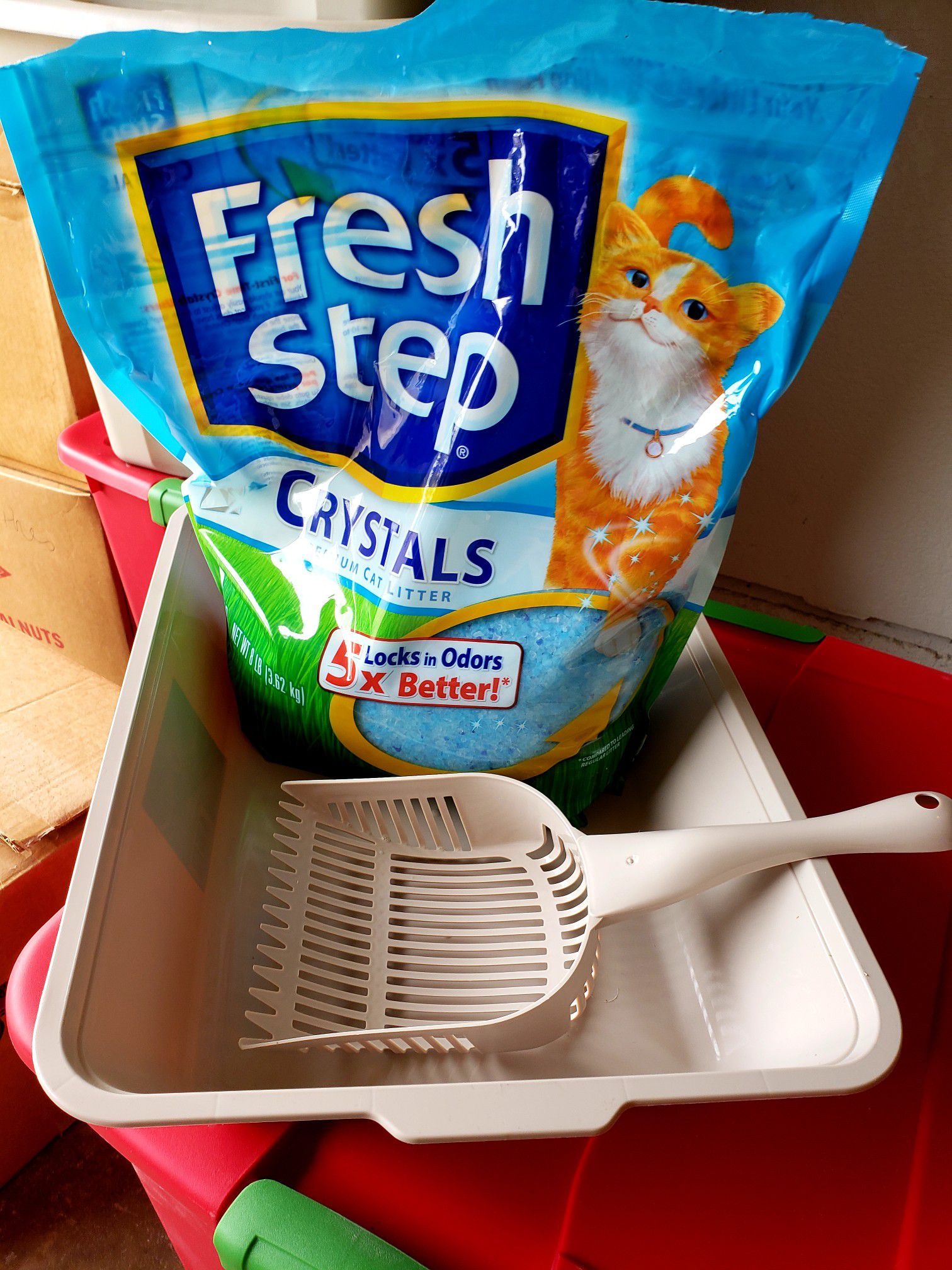 Cat litter box, scoop and fresh step litter crystals