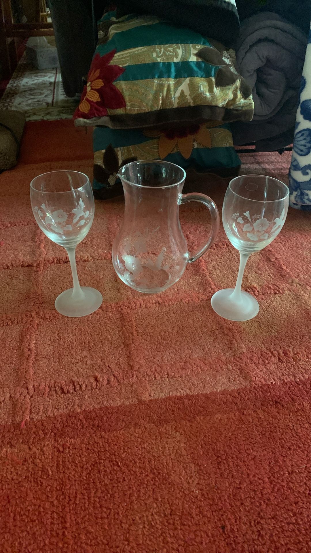 Vintage Avon Hummingbird Wine Glass Set With Pitcher