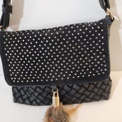 Black Woven Faux Leather Crossbody Bag Purse With Rhinestones & Feather Charm