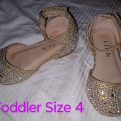 Little Girls Size 4 Gold With Rhinestones Flats 