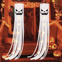 CCINEE 2 Pack Halloween Ghost Windsock Flag with Lights, 70.8 Inch Glow in The Dark Halloween Outdoor Hanging Decor for Yard Patio Garden Pathway Part