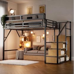 Queen Size Loft Bed With Storage And Stairs 