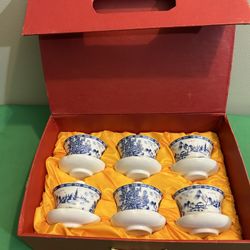 200ml Chinese Tea Bowl Blue Set Of 6 Porcelain Gaiwan Tea Cup Saucer Tureen Tea Set