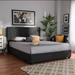 Upholstered 2-Drawer Queen Size Platform Storage Bed - Dark Grey/Black(New In A Box)