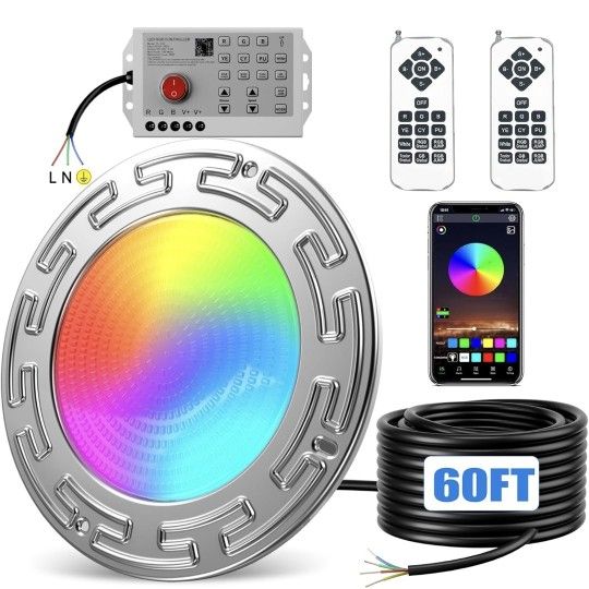 60FT 10Inch 60W Led Smart Pool Lights for Inground Pool with 3 Control Way (App/Remote/Controller), Led Color Changing Underwater Swimming Pool Light 