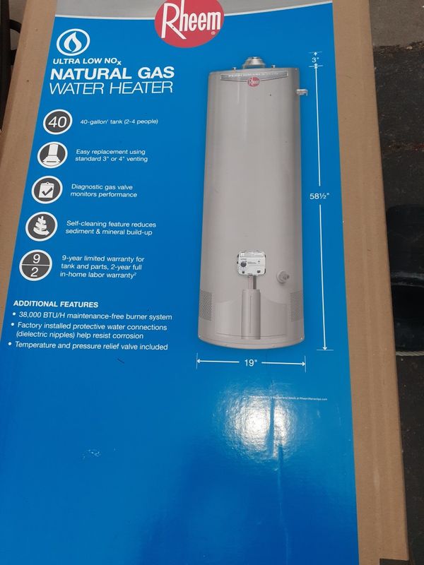Brand new in box 40gallon Rheem water heater 9 year warranty for Sale
