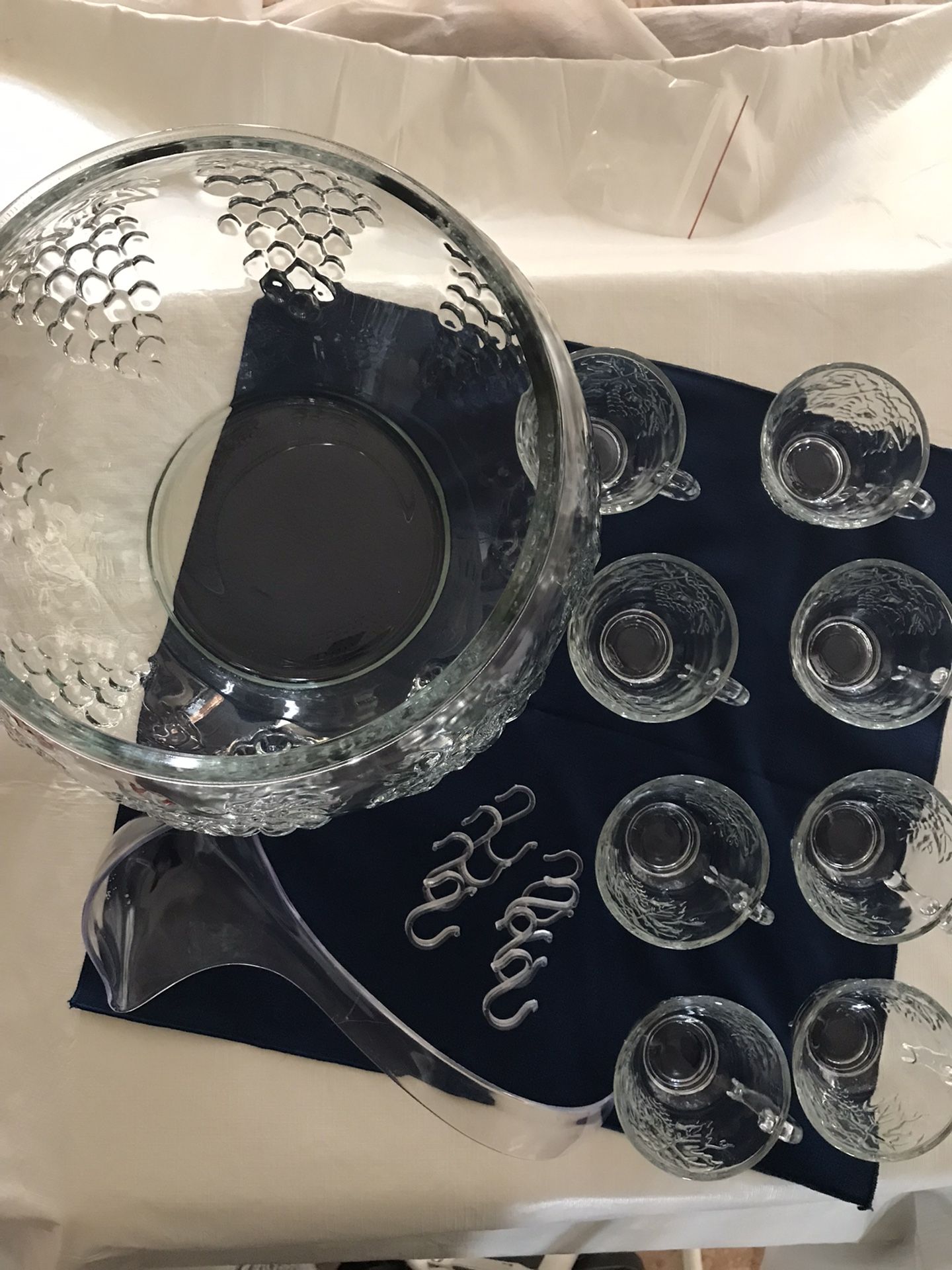 Indiana Glass Clear Celebration Grape punch Bowl , Cups, Laddle, & Hooks