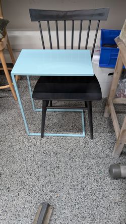 Room and Ford c-shaped couch table side table. Aqua