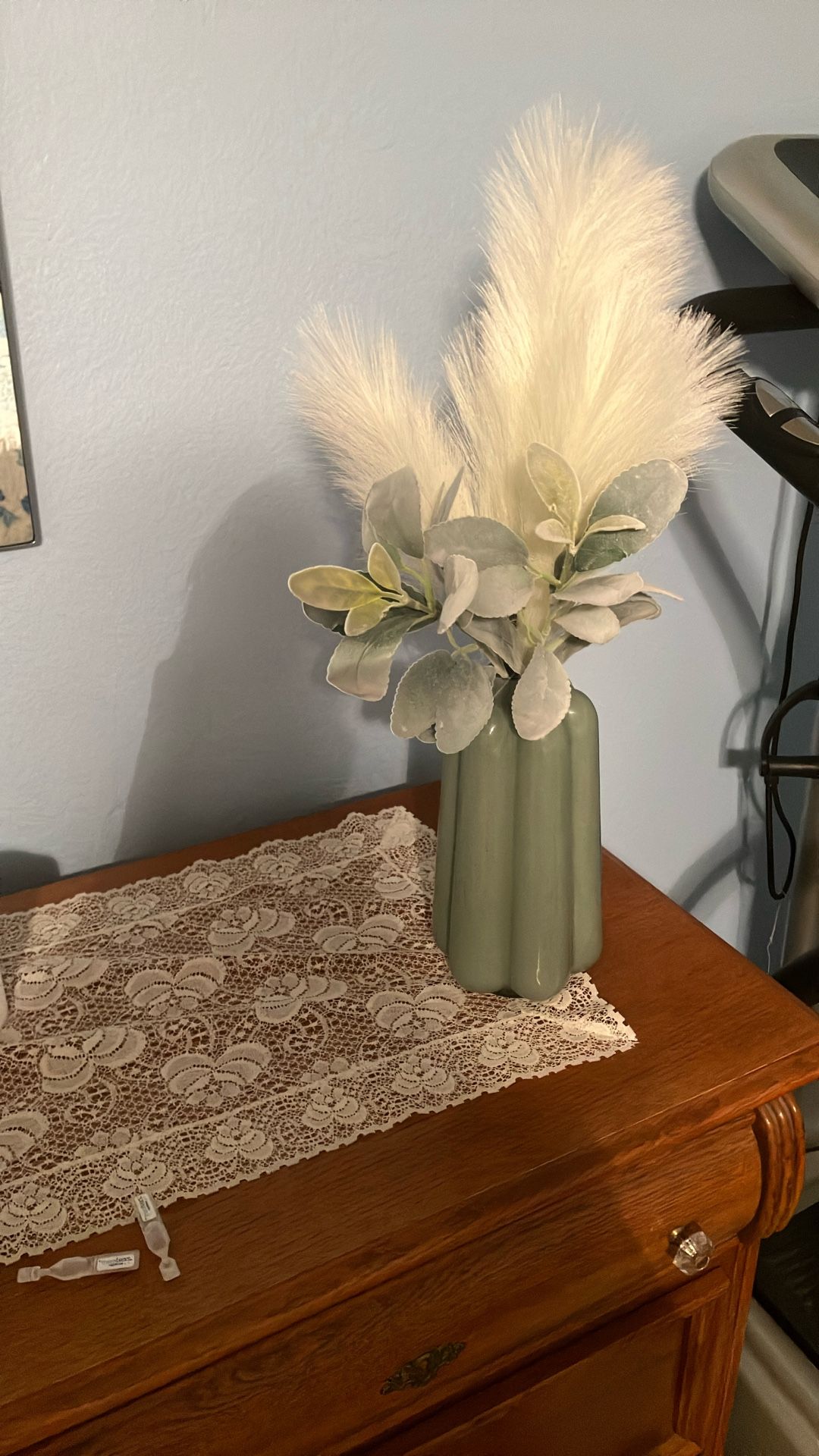 Olive Green Ceramic Vase With Feathers And Lambs Tongue