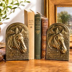 Vintage Set 2 Equestrian Horse Bookends Brass Tone Metal Book Ends Mid Century Table Bookcase Decor MCM Collectibles 