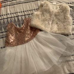 Baby 3-6 Sequence Rose Gold & Off White Dress Faux Fur H&M Vest